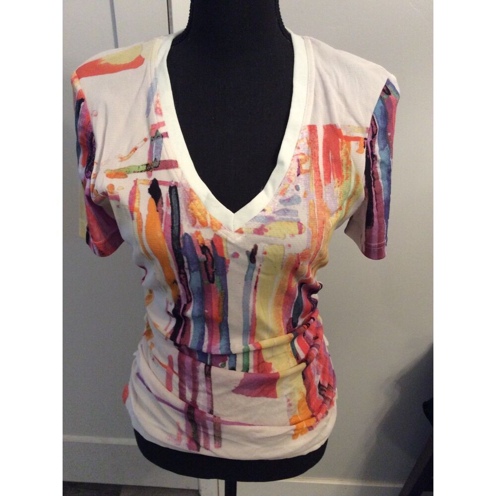 Kay Unger New York Large L Paint Splatter Print V Neck Ruched Top